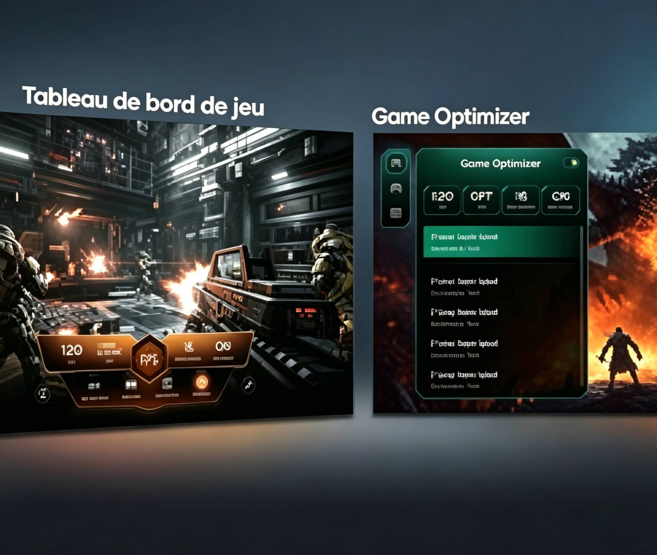 LG QNED evo AI QNED82 Mini LED avec Game Dashboard et Optimizer affiche des écrans de jeu côte à côte et un menu à l’écran pour ajuster les paramètres de jeu tels que le taux de rafraîchissement, la latence et les modes visuels en temps réel.